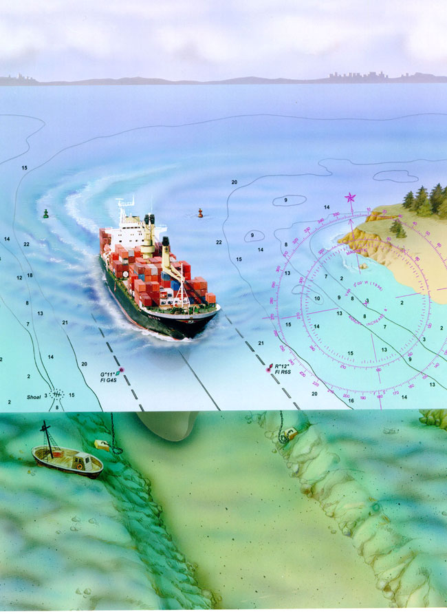 The illustration drives home the importance of accurate and reliable hydrographic survey information for safe and efficient navigation.