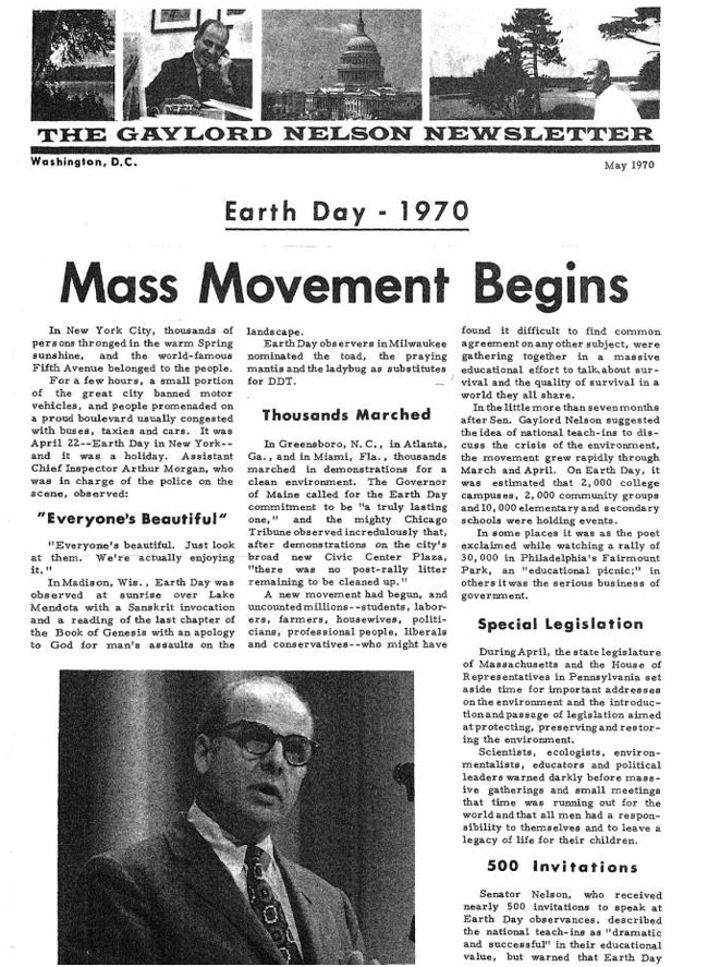 Conceived as an environmental teach-in by Wisconsin senator Gaylord Nelson, nearly 10 percent of the nation’s population participated in the first Earth Day.