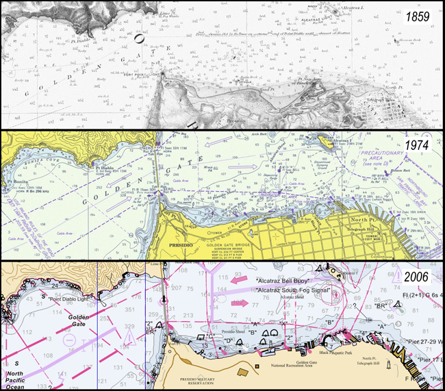 These three charts depict the same area near San Francisco at three different times—1859, 1974, and 2006. 