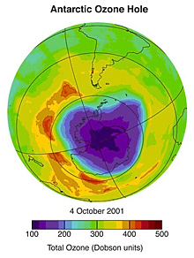 Measurements from a NASA satellite show the changes in the amount of ozone over Antarctica.