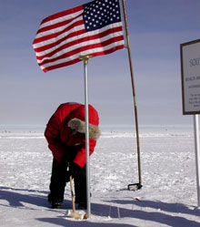  Researchers take a little time out for some croquet outside the South Pole Observatory in 2005.  