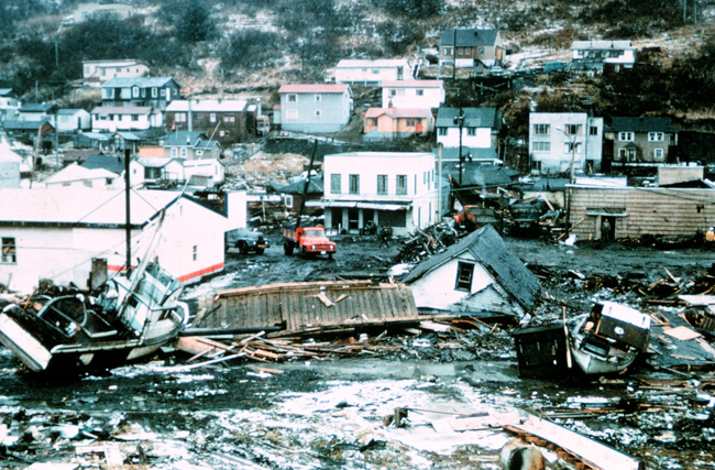 Tsunami damage at Kodiak, Alaska following the 1964 Good Friday earthquake.