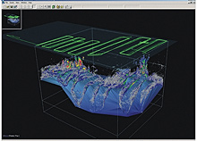 This image shows the three-dimensional distribution of widow rockfish schools overlayed on bathymetry