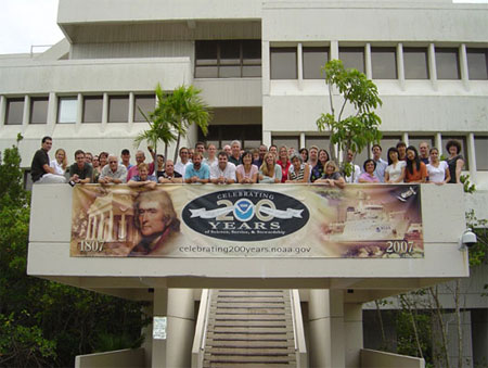 the Physical Oceanography Division of NOAA's Atlantic Oceanographic and Meteorological Laboratory poses for a group photo