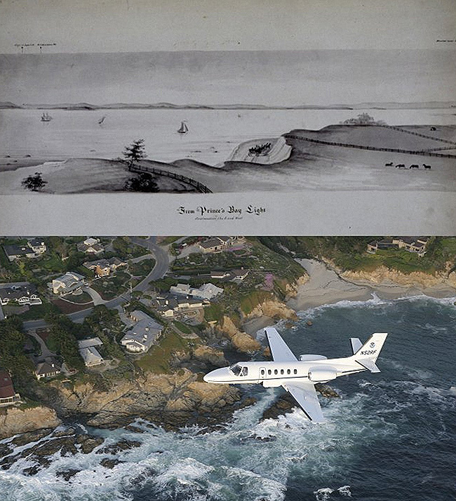 sketch of Prince's Bay Light and the NOAA Citation jet maps the California coast