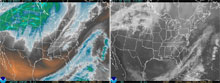 Standard and color-enhanced GOES satellite image of atmospheric water vapor.