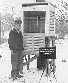 Volunteers observed temperature, precipitation, and sky conditions at a cooperative weather station in Granger, Utah circa 1930.