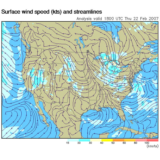 ADDS map showing surface wind speed and streamlines