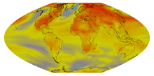 Surface air temperature anomalies simulated in one of GFDL’s CM2.1 model’s projections for the 21st century. The annual mean temperature differences shown are for year 2100; the simulared global mean warming is 5.0° F. 