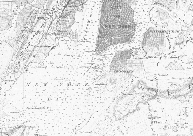 This early chart depicts the waters around New York Harbor.