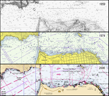 These three charts depict the same area near San Francisco at three different times—1859, 1974, and 2006.