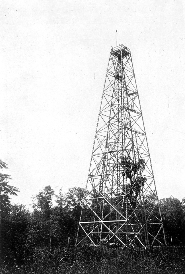 1890 photo of the 152-foot high tower that was built in Greene, Indiana during the 39th parallel survey, which resulted in the first transcontinental arc of triangulation in the United States.