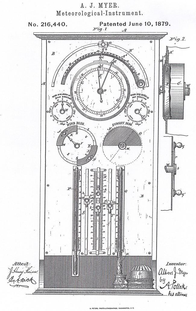 weather instrument that combined an anemometer, barometer, thermometer, and hygrometer with two dials that indicated whether conditions favored dry or wet weather.