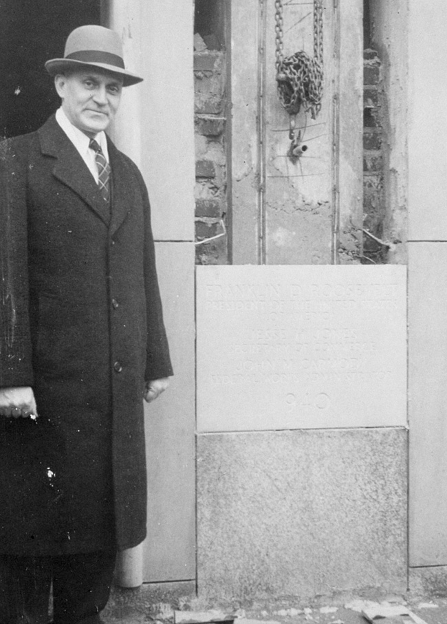 Dr. Francis W. Reichelderfer, head of the U.S. Weather Bureau from 1938 to 1963, laying the cornerstone of a new weather service building in 1940.