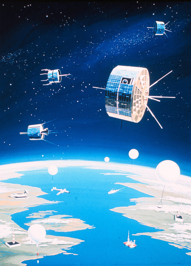 concept of a fully integrated environmental monitoring system that included satellites, balloons, ships, aircraft, buoys, and data receiving and processing facilities as conceived in this 1960s era graphic interpretation.