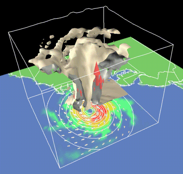 Three-dimensional view of Hurricane Emily in 1993 near North Carolina as modeled by the hurricane prediction system