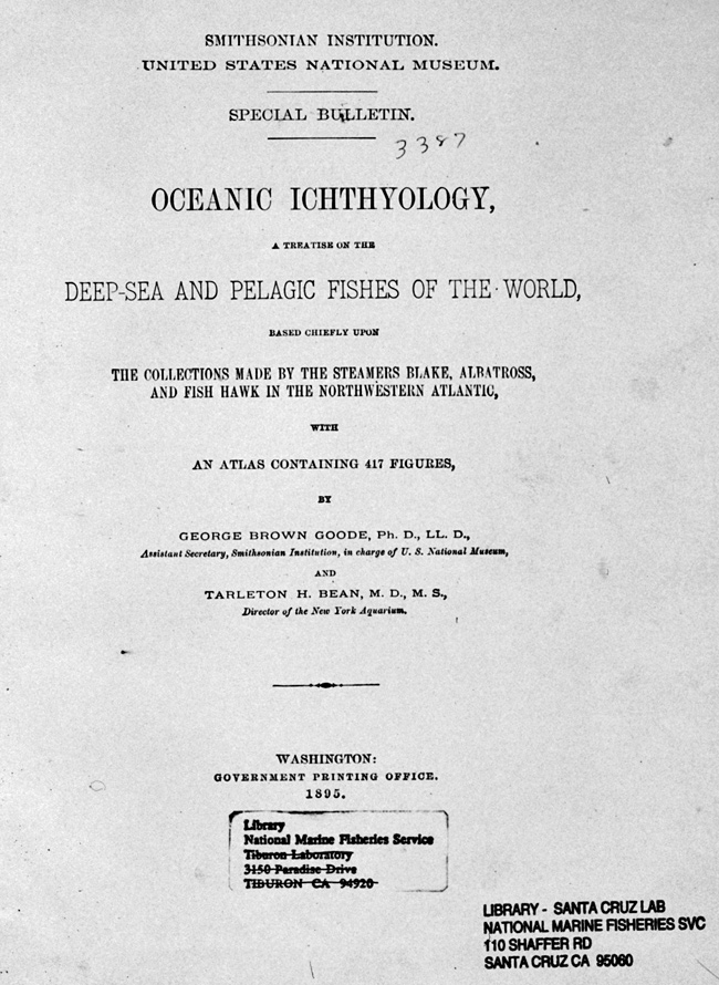 Title page to Goode’s greatest work, “Oceanic Ichthyology,” published in 1895 while he was director of the National Muesum.