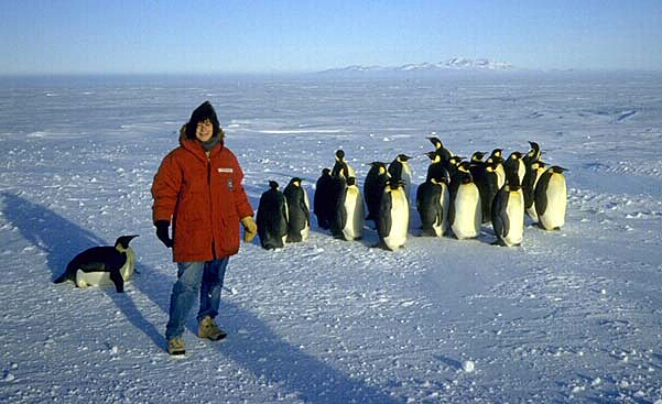 Dr. Susan Solomon and some new friends on Antarctic expedition in 1987 near McMurdo Station.  