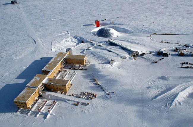 An aerial view of the South Pole Observatory taken in 2004 