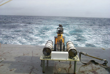 A  DART bottom pressure recorder on the deck of a NOAA ship