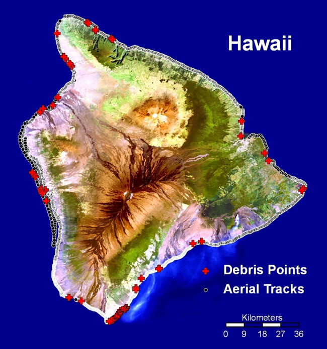 Mapped debris locations on the island of Hawaii