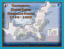 Map of hurricane strikes between 1950 and 2005