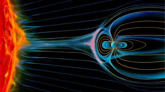 An artist’s rendition of the geomagnetic field around Earth.