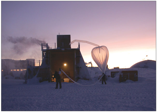 NOAA scientists and collaborators take measurement of ozone levels at sunrise at Amundsen South Pole Station in 2003.