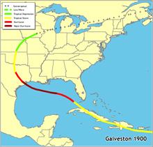 This map shows the approximate path of the 1900 Galveston hurricane.