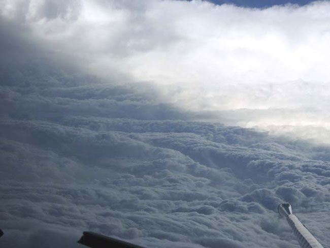 Hurricane Katrina’s eyewall was taken from a NOAA P-3 hurricane hunter turboprop aircraft on August 28, 2005.