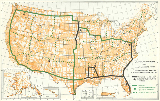 The status of completed (solid black lines) and planned (solid and dotted green lines) surveys for the TCT as of January 1, 1967.