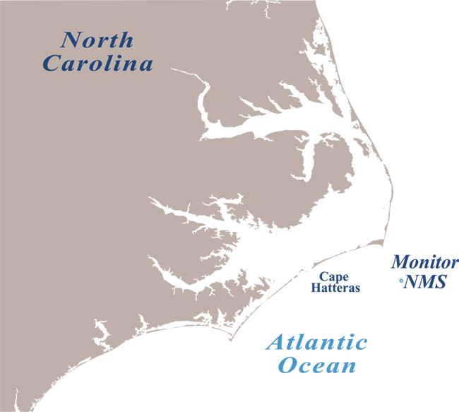 location of the Monitor National Marine Sanctuary, 16 miles off the coast of NC
