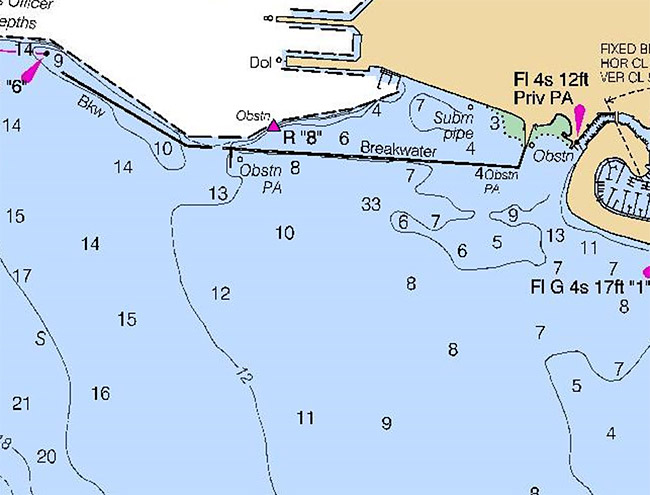 Contour lines on a nautical chart