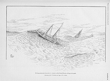 sketch of a fishing schooner at anchor in winter on the Grand Banks, riding out a gale
