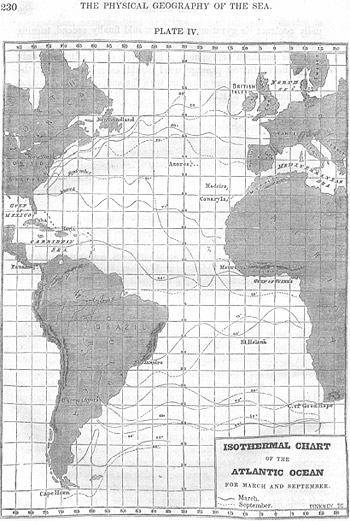 Isothermal chart of the Altantic Ocean showing equal lines of ocean temperature on this chart (faint and sinuous east-west lines)