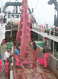 Science crew prepares to deploy a sampling net from a NOAA research vessel.
