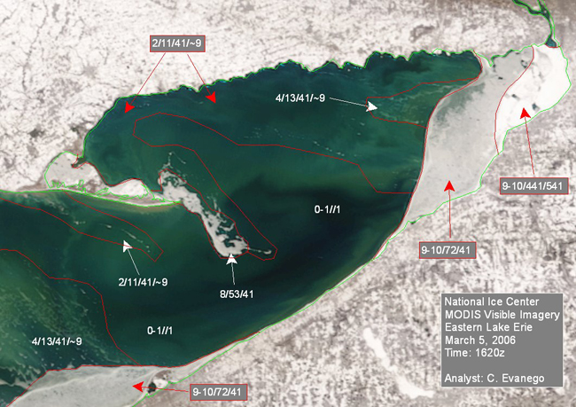 Example of a “true color” visible MODIS image showing ice in eastern Lake Erie in March of 2006.
