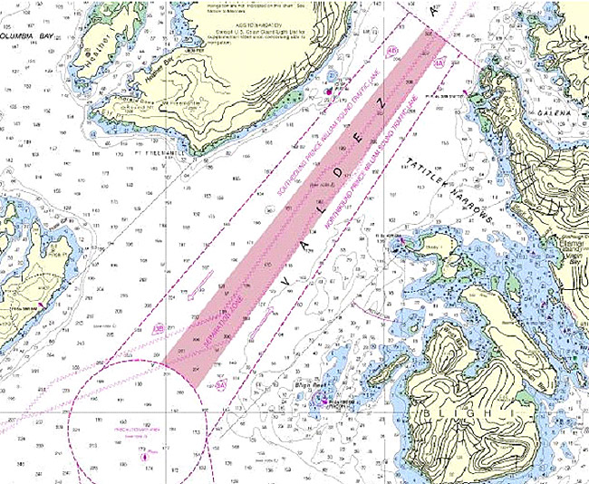 The approximate trackline of the Exxon Valdez on NOAA chart 16708