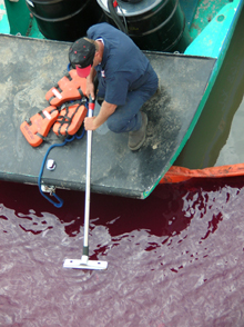 A responder attempts to contain recently spilled oil with a boom