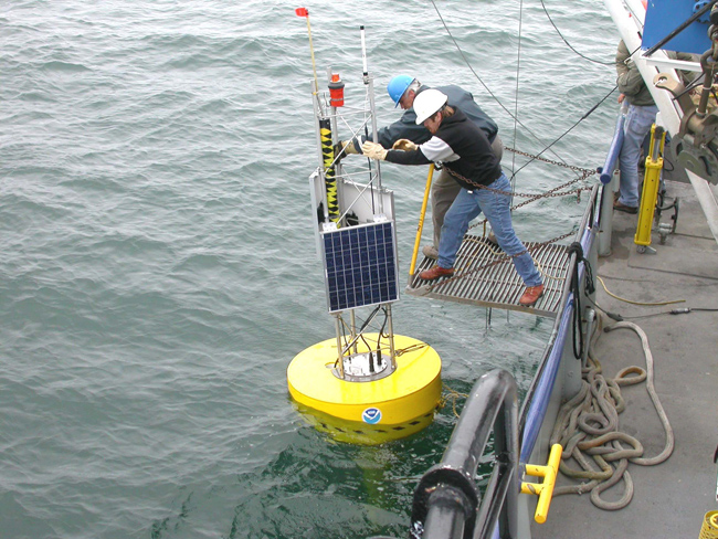 Test buoy deployment during development of GLERL's Real-Time Environmental Coastal Observation Network (RECON).