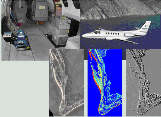Hyperspectral imager, high-resolution digital camera, and lidar system installed in a NOAA Cessna Citation and examples of derived data products.
