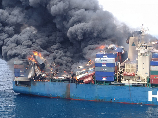 The aftermath of a March 2006 explosion of hazardous cargo on a container ship.